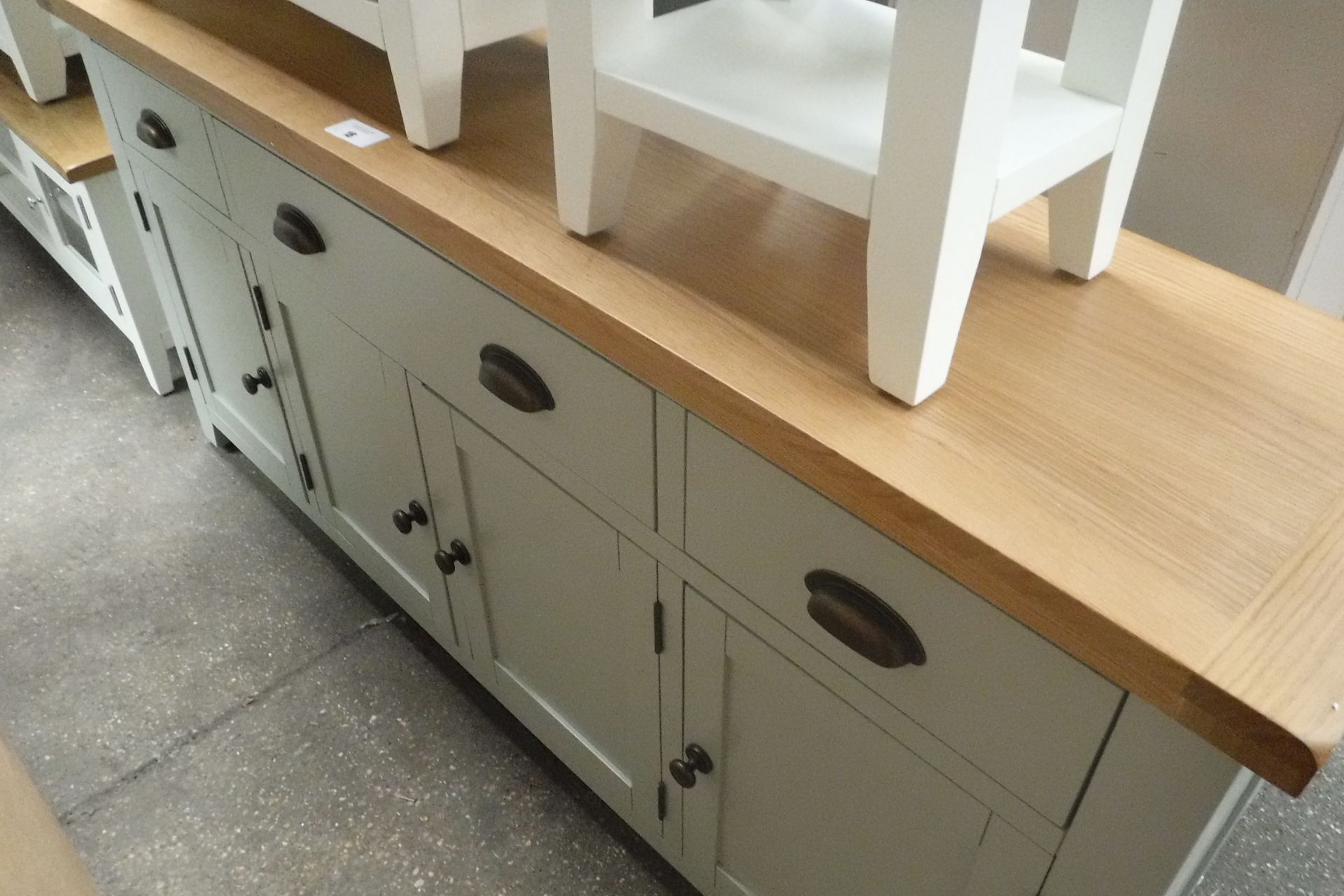Large light blue painted and oak top sideboard with 3 large drawers and 4 cupboards, 175cm wide (A,
