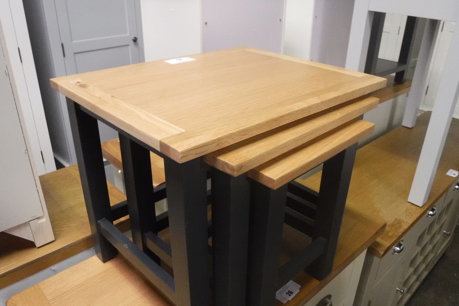 Blue painted oak top nest of 3 tables, largest 50cm wide (A,10) - Image 2 of 2
