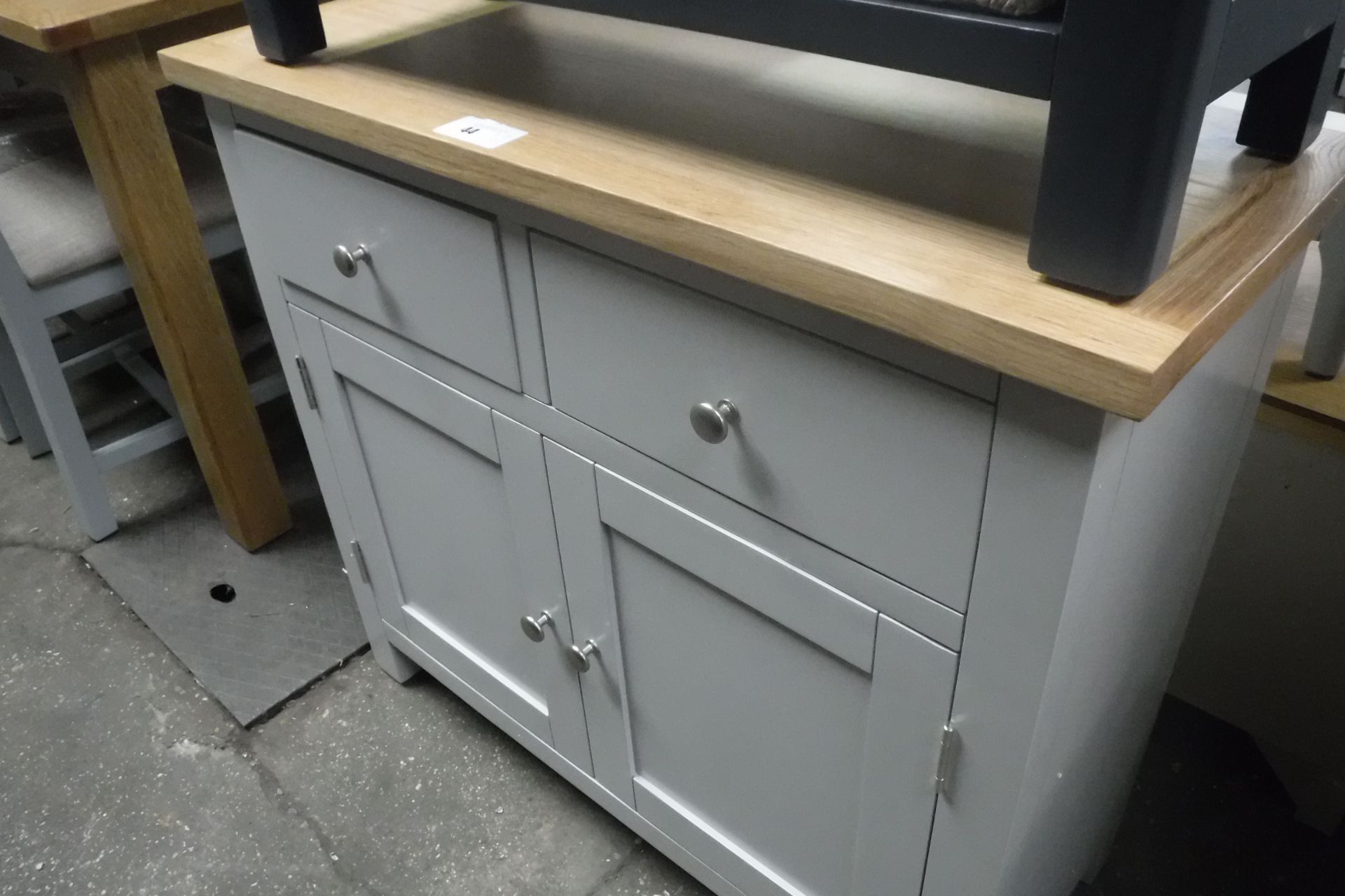 Grey painted oak top small sideboard with 2 drawers and double door cupboard under, 90cm wide (B,20)