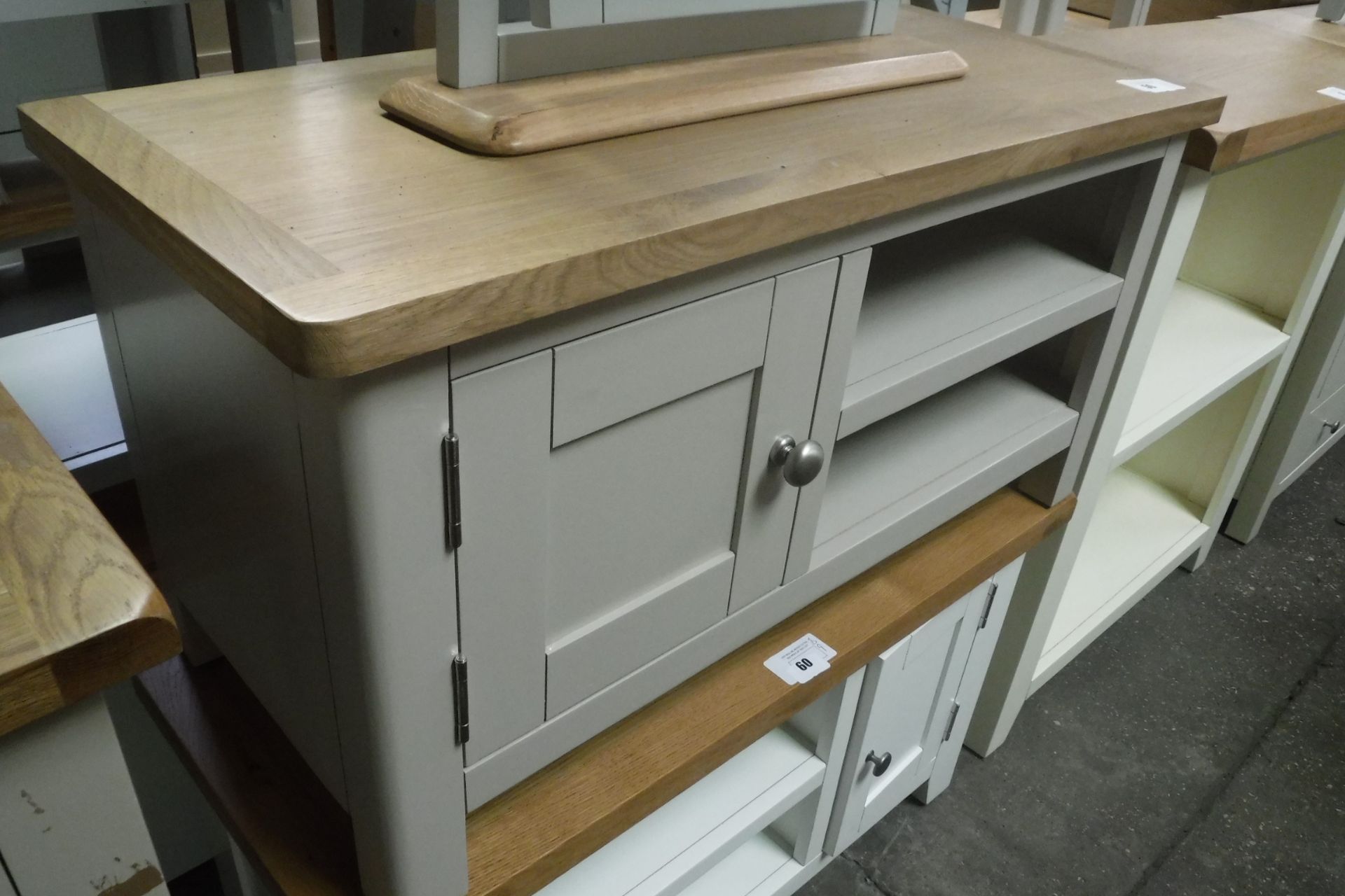 Grey painted oak top small TV unit with 2 shelves and single door cupboard, 90cm wide (B,9)