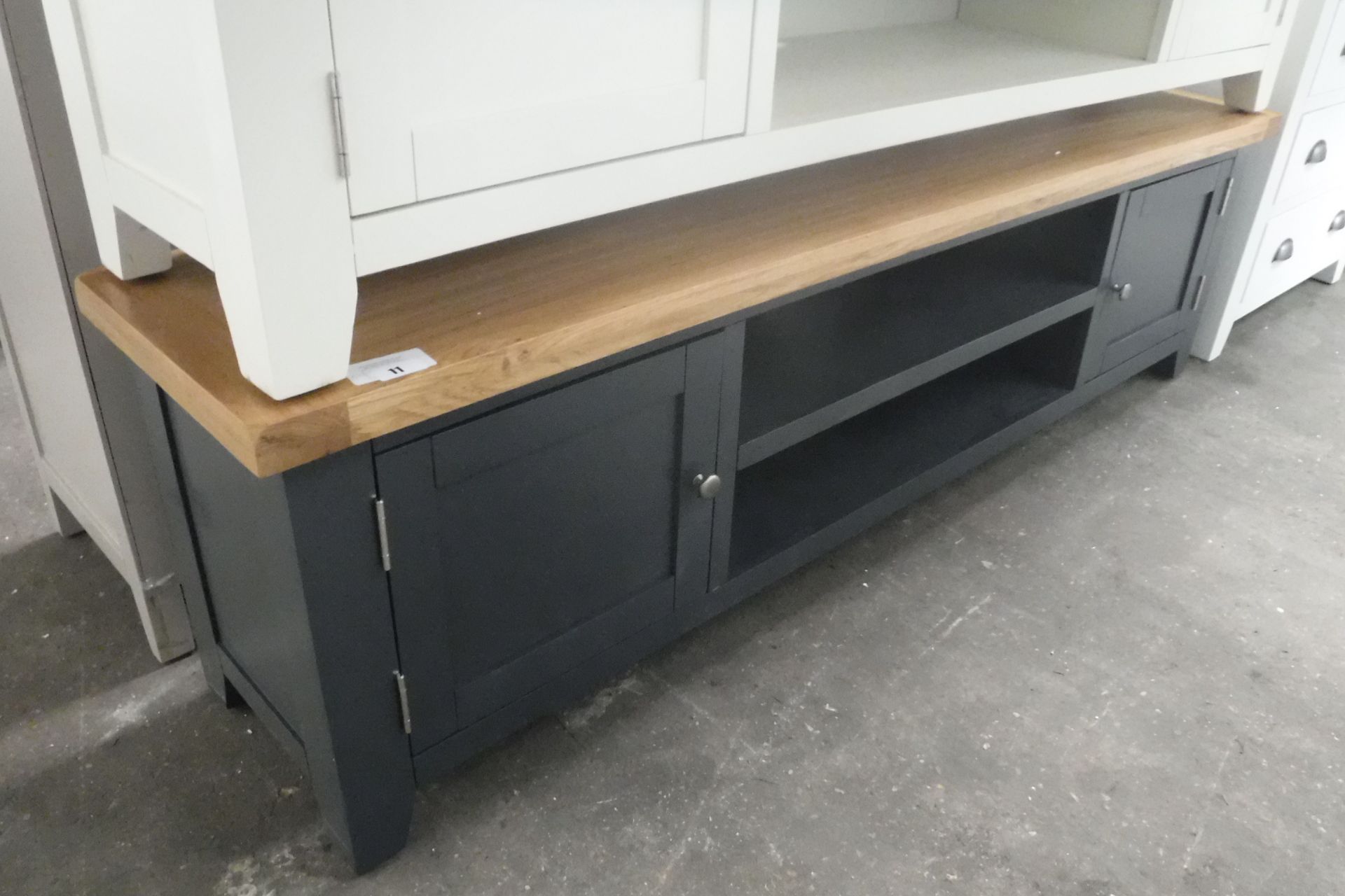 Blue painted oak top large TV unit with 2 shelves and 2 cupboards, 180cm wide (A)