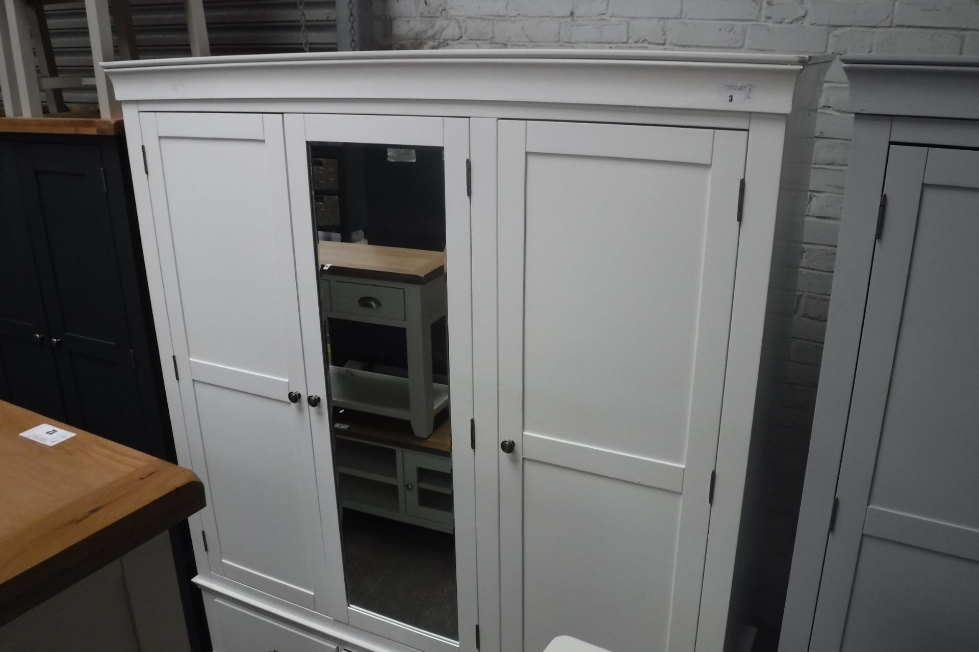 Large white painted triple wardrobe with mirrored centre door and 3 drawers under, 170cm wide (B,6)