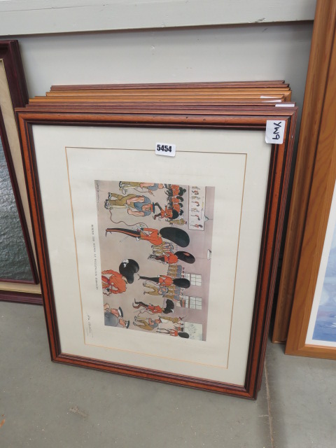 Nine framed and glazed comical prints with guardsman, tennis players, cricket players and pub