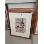 Nine framed and glazed comical prints with guardsman, tennis players, cricket players and pub