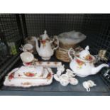 Cage containing a quantity of Royal Albert Old Country Rose and other patterned crockery
