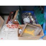 4 boxes containing treen, metal trays, chamber pot, table lamps, wine rack, foot warmer, general