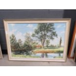 Oversby-Powell oil on canvas of riverscape with swans, cattle in meadow and woodland