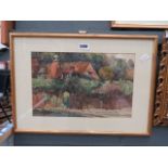 Framed and glazed watercolour of country house with trees