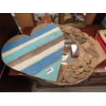 Painted heart shaped wall hanging plus a circular mirror with driftwood frame