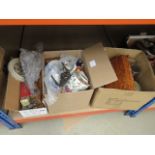 3 boxes containing a biscuit barrel, toast rack, butter dish, oriental teapot, ornamental figures,