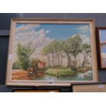 Oversby-Powell oil on canvas of a Bedfordshire riverscape with fisherman