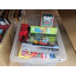 Box containing an ornamental bag pipe plus children's toys and board games