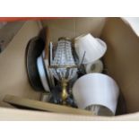 Box containing table lamps, prints, trays and china