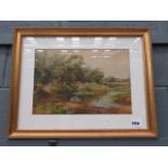 5416 Framed and glazed Sylvester Stannard print of a steam with willow trees