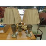 Pair of brushed metal table lamps with pleated shades