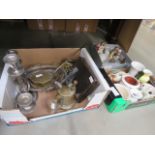 Box containing a 3 branch candlestick, chestnut roaster, brass trivet, blow gun, fish knives and