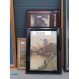 Quantity of prints to include Dutch windmill, coastal scene with cottages and church, plus a pair of