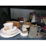 5601 - Cage containing floral patterned crockery, studio pottery, table lamp and wicker basket