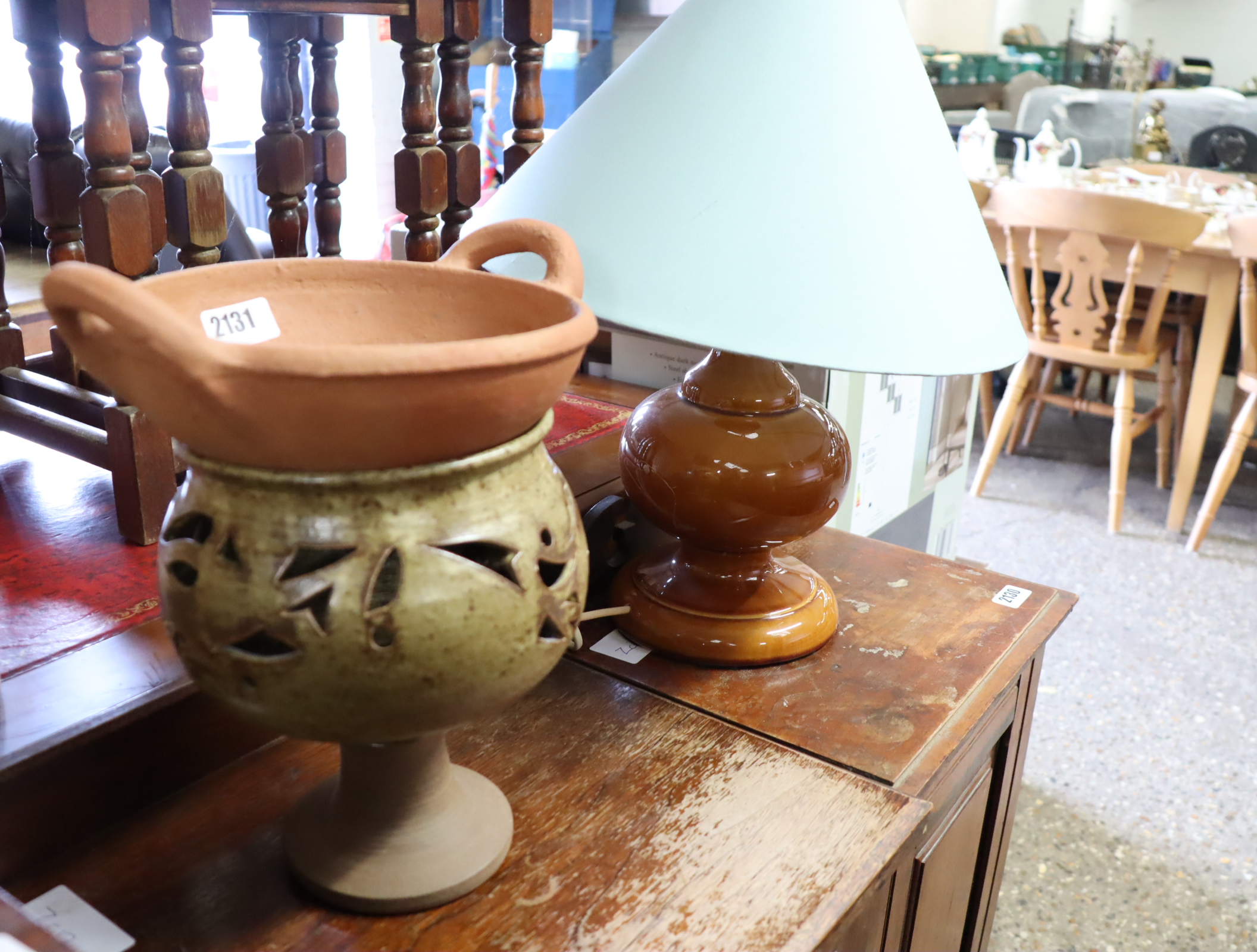 Stoneware vase, terracotta dish and table lamp