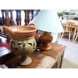 Stoneware vase, terracotta dish and table lamp