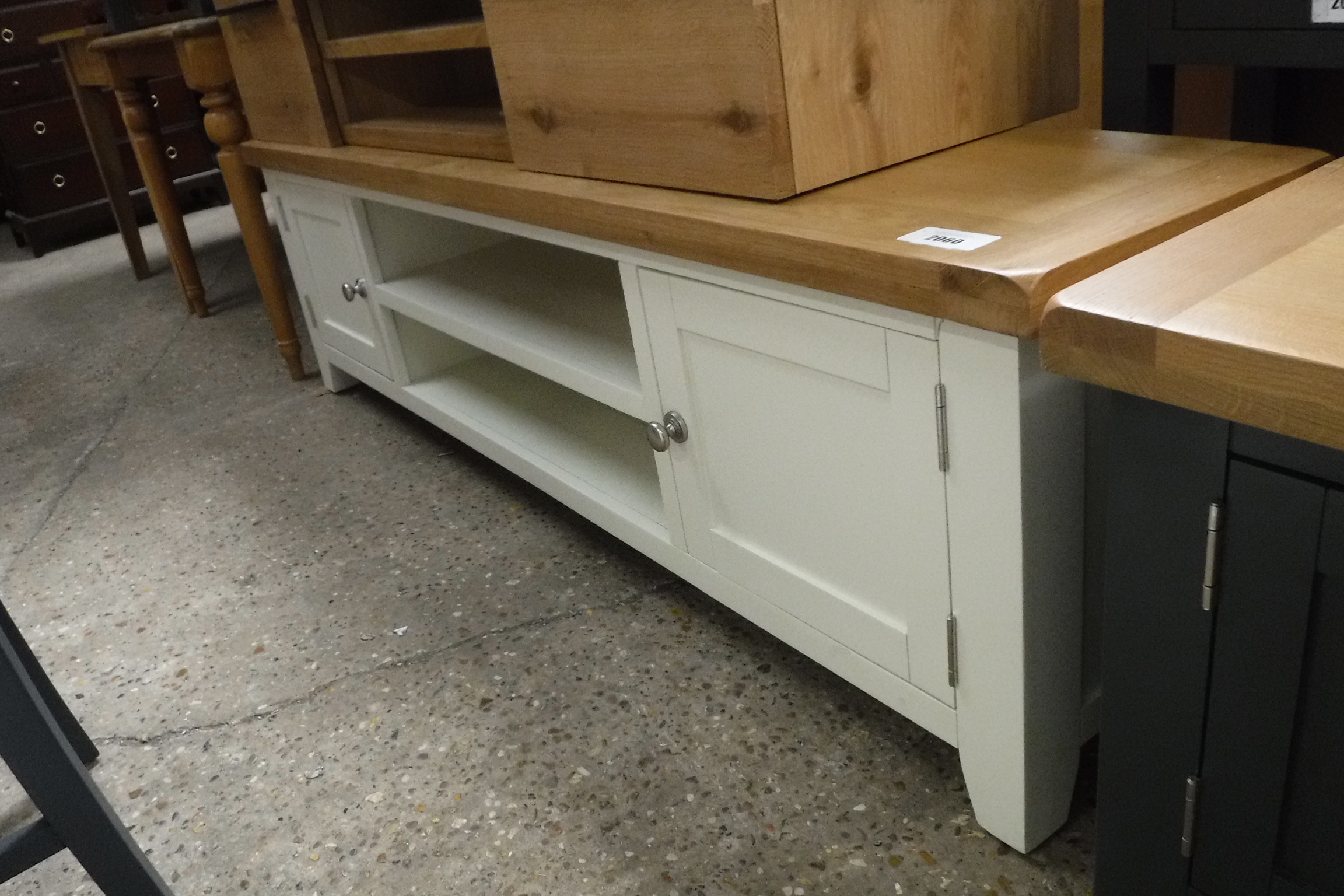 (10) Cream painted oak top large TV unit with 2 shelves and 2 cupboards, 180cm wide (A)