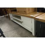 (10) Cream painted oak top large TV unit with 2 shelves and 2 cupboards, 180cm wide (A)