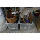 (2247) 2 crates of various household goods incl. framed pictures, wicker table lamp, etc.