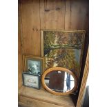 Collection of pictures and oval pine framed wall mirror