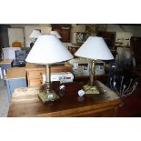 Pair of brass table lamps with tapered white shades