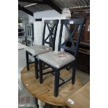 (115,219) 4 dark blue painted dining chairs with beige upholstered seats