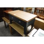 (184) Blue painted oak top coffee table with drawers, 90cm wide (A,21)