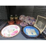 Cage containing collectors plates incl. Wedgwood, Limoges, and hand painted Imari, pair of floral