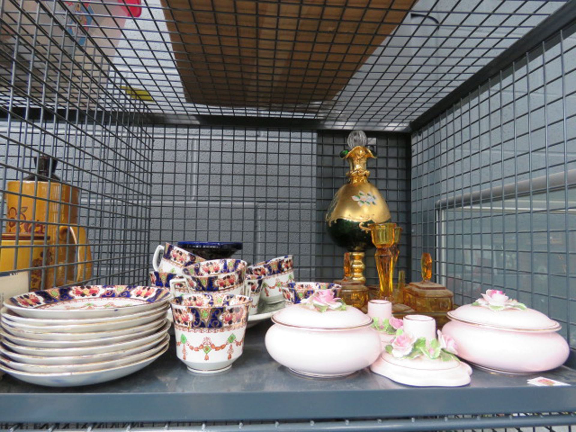 Cage containing a Venetian glass flask, Edwardian floral pattern crockery plus pink glazed Royal