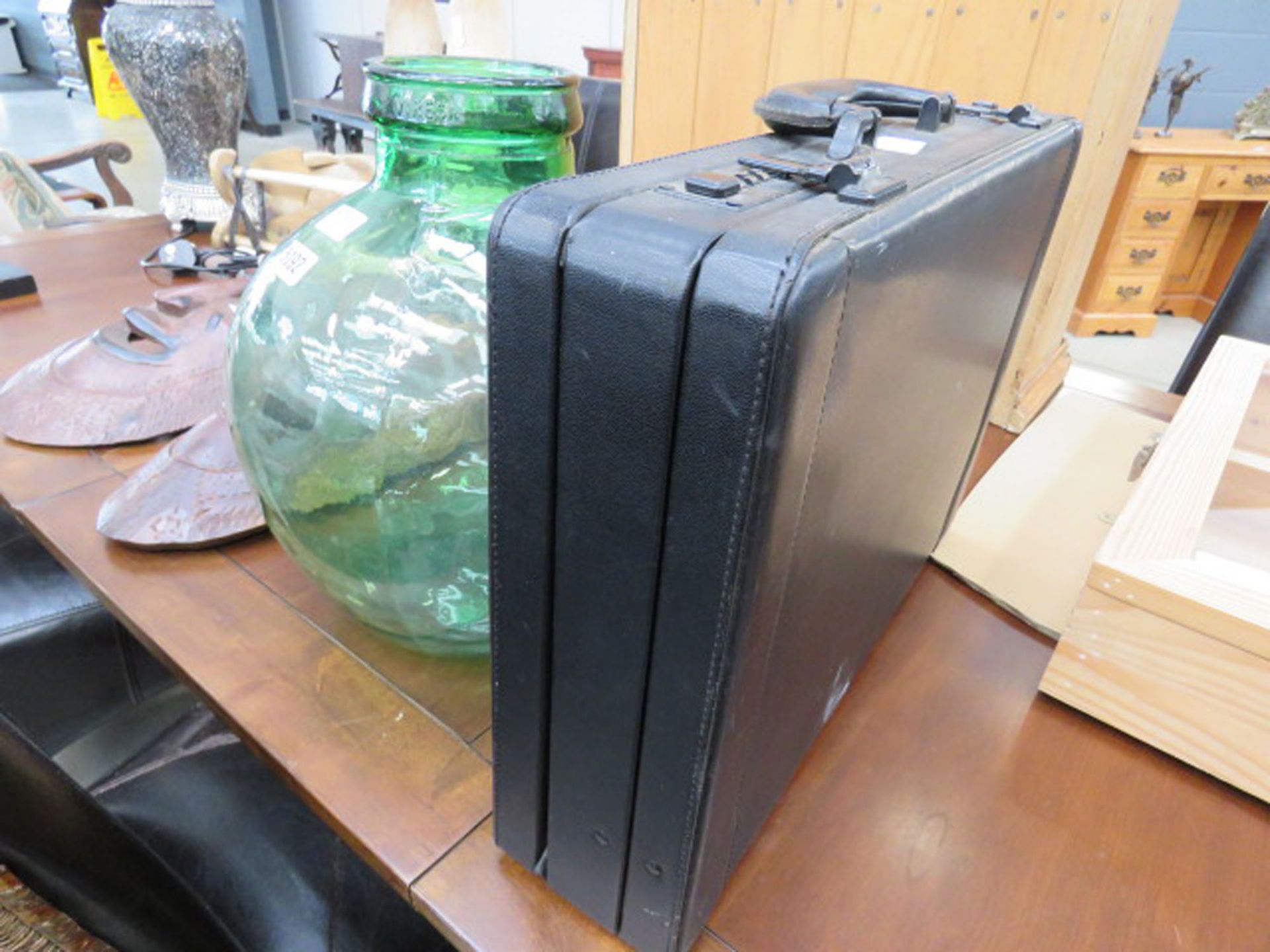 Green glass demi john plus a briefcase (combination in office) - Image 2 of 2