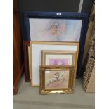 Quantity of prints and paintings to include Edwardian ladies, labradors, horse and jockey,