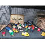 Cage with a qty of die cast cars and a motorbike