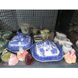 Cage with small Doulton lady figures, blue and white tureens plus a qty of jugs and lidded pots