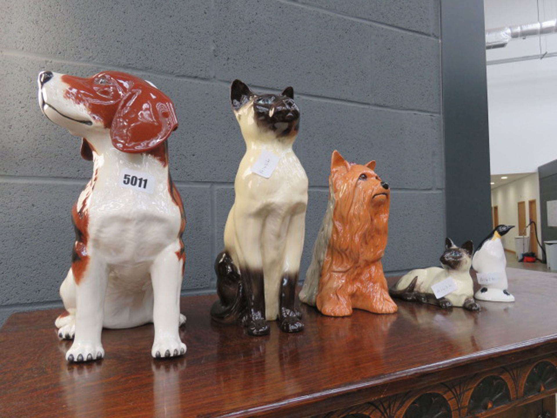 5 Beswick, Poole and other animal figures Large Siamese cat and Beagle not stamped 'Beswick'.