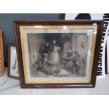 Framed and glazed engraving entitled 'Bolton Abbey in the Olden Time With Hunter and Fish Sellers'