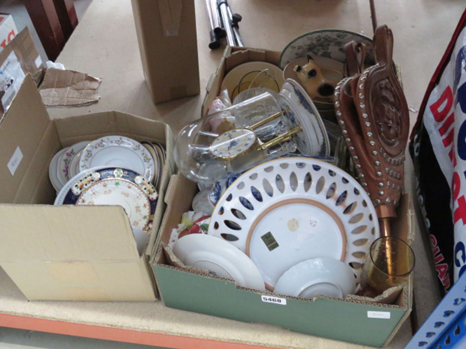 2 boxes containing bellows, patterned and other crockery plus glassware and an anniversary clock