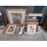 2 boxes and 2 stacks of prints and paintings to include rural scenes, fishing boats and harbour,