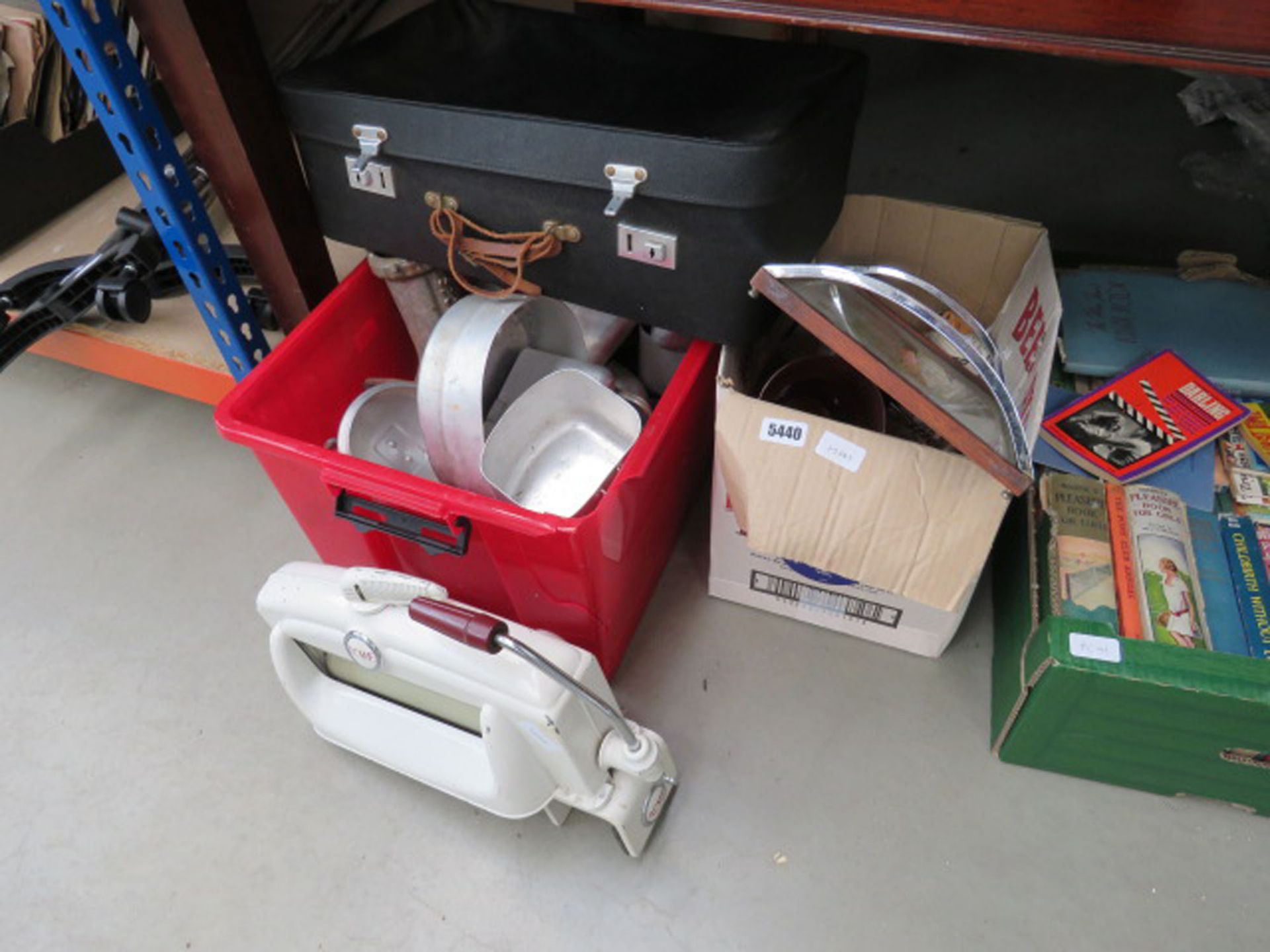 2 boxes containing glassware, kitchenware, china, suitcase and general household goods
