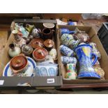 2 boxes containing blue and white and other crockery plus Hornsea china, candlestick and vases