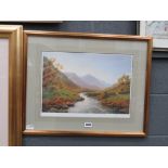 Blind stamped Peter McKay print - highland setting with sheep, stream and mountains