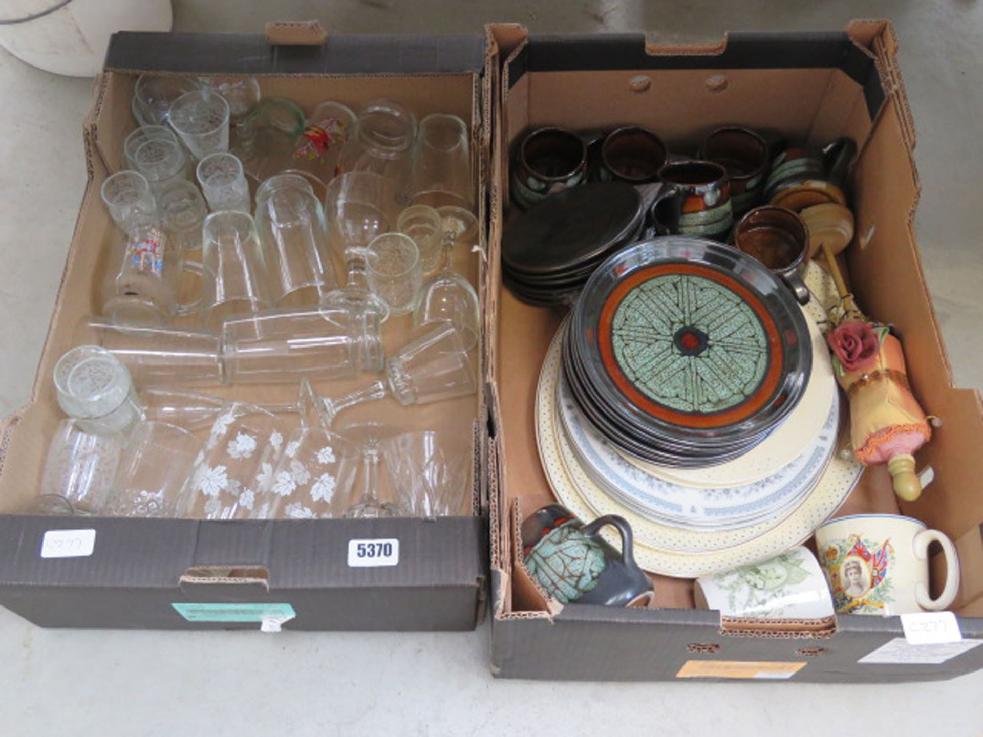 2 boxes containing studio pottery, crockery and glassware