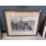 Framed and glazed engraving of hunters with dogs