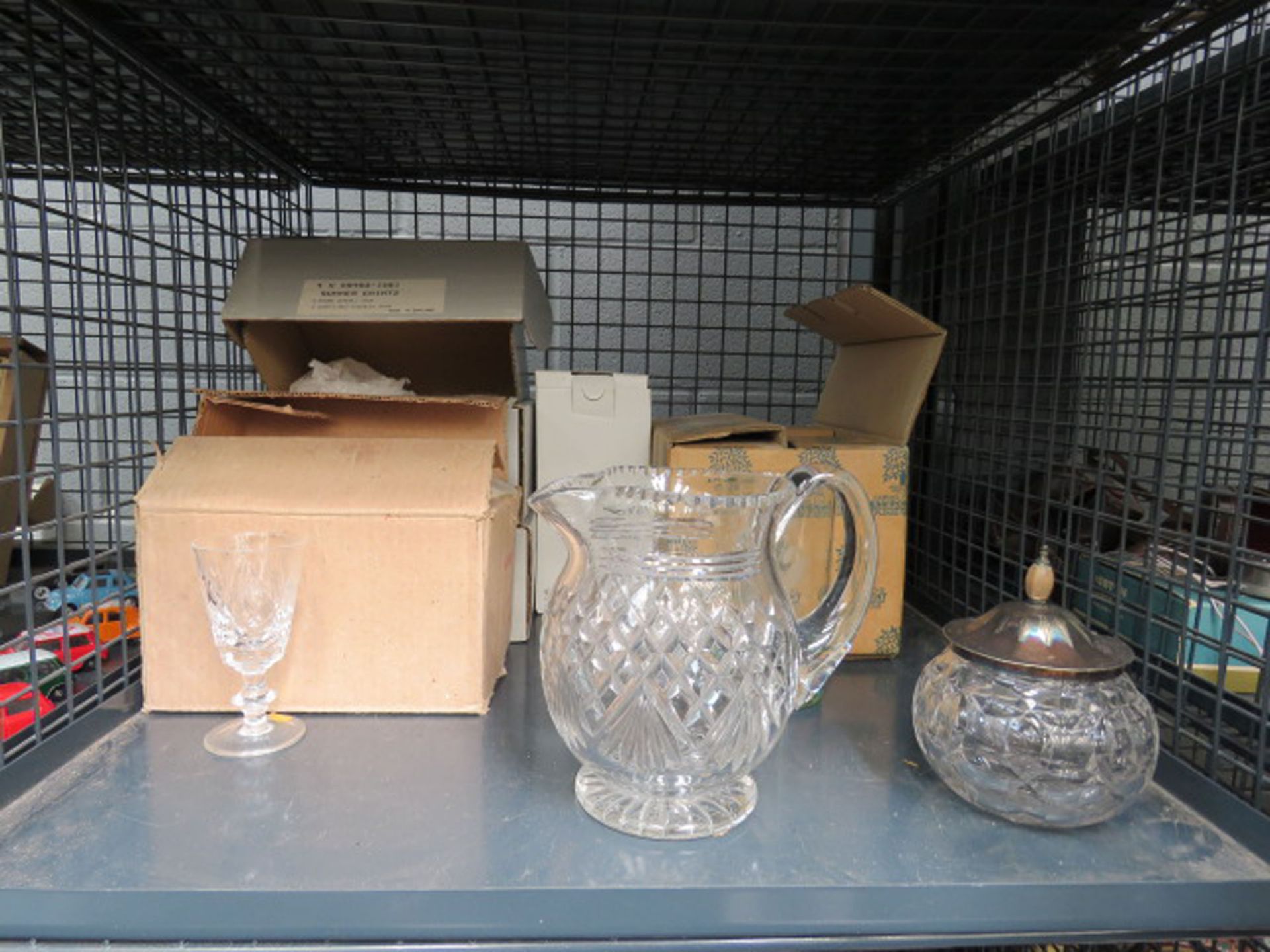 Box containing sherry glasses, tumblers and a jug