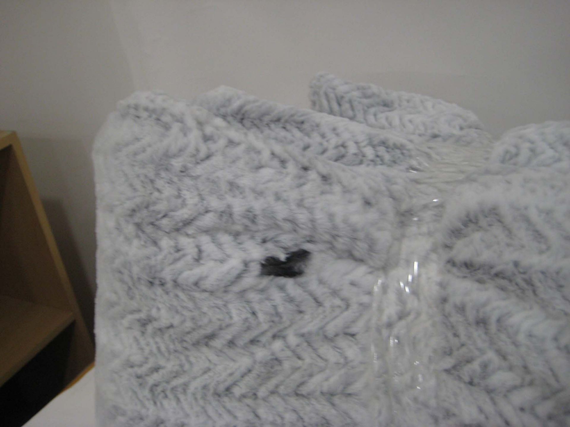 3 large grey faux fur covered bolster type pillows, one with some damage (see photos) - Image 3 of 3
