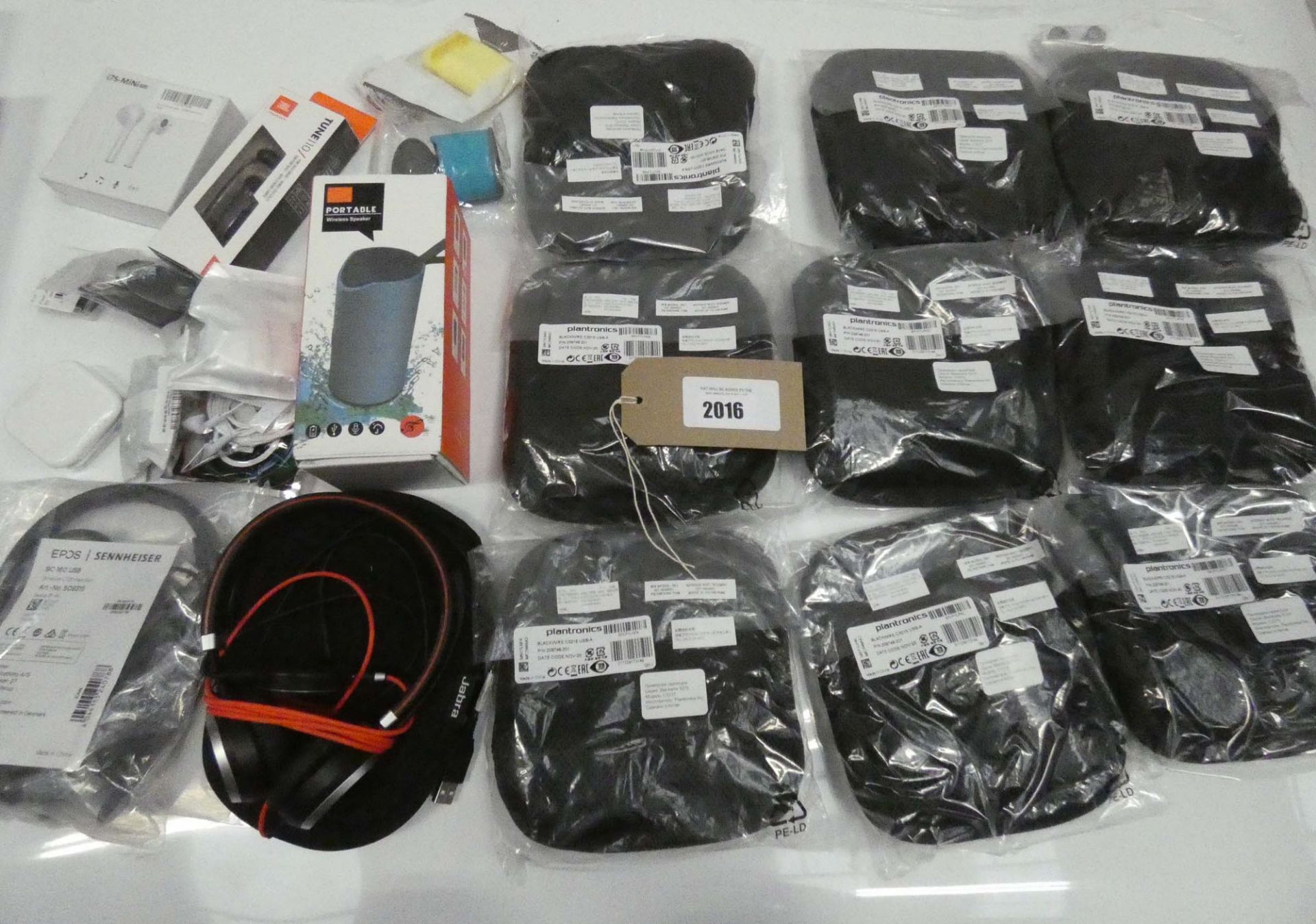 Bag containing 9x Plantronic Blackwire headsets, Jabra headset, wireless speaker, earphones etc