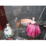 Poole Pottery vase, 2 lady figures by Doulton and Coalport plus a Beswick donkey